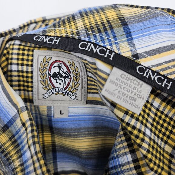 Cinch Shirt Mens Large Button Down Western Plaid Blue Yellow Short Sleeve Rodeo - Picture 8 of 9